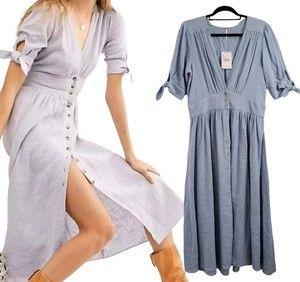 Free People L Love of my Life Baby Blue Maxi Midi Cotton Short Tie Sleeve Button